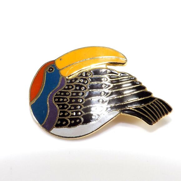 Laurel Burch Toucan Brooch, Gold Plated Cloisonne & Enamel, 1980 Vintage Jewelry - Picture 7 of 10